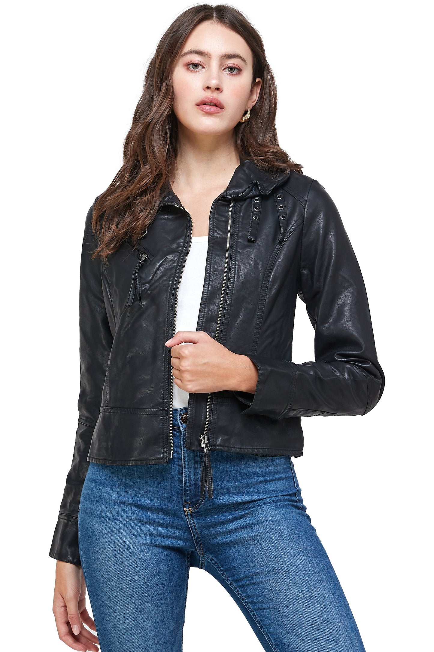 Double Buckle High Neck Leather Jacket