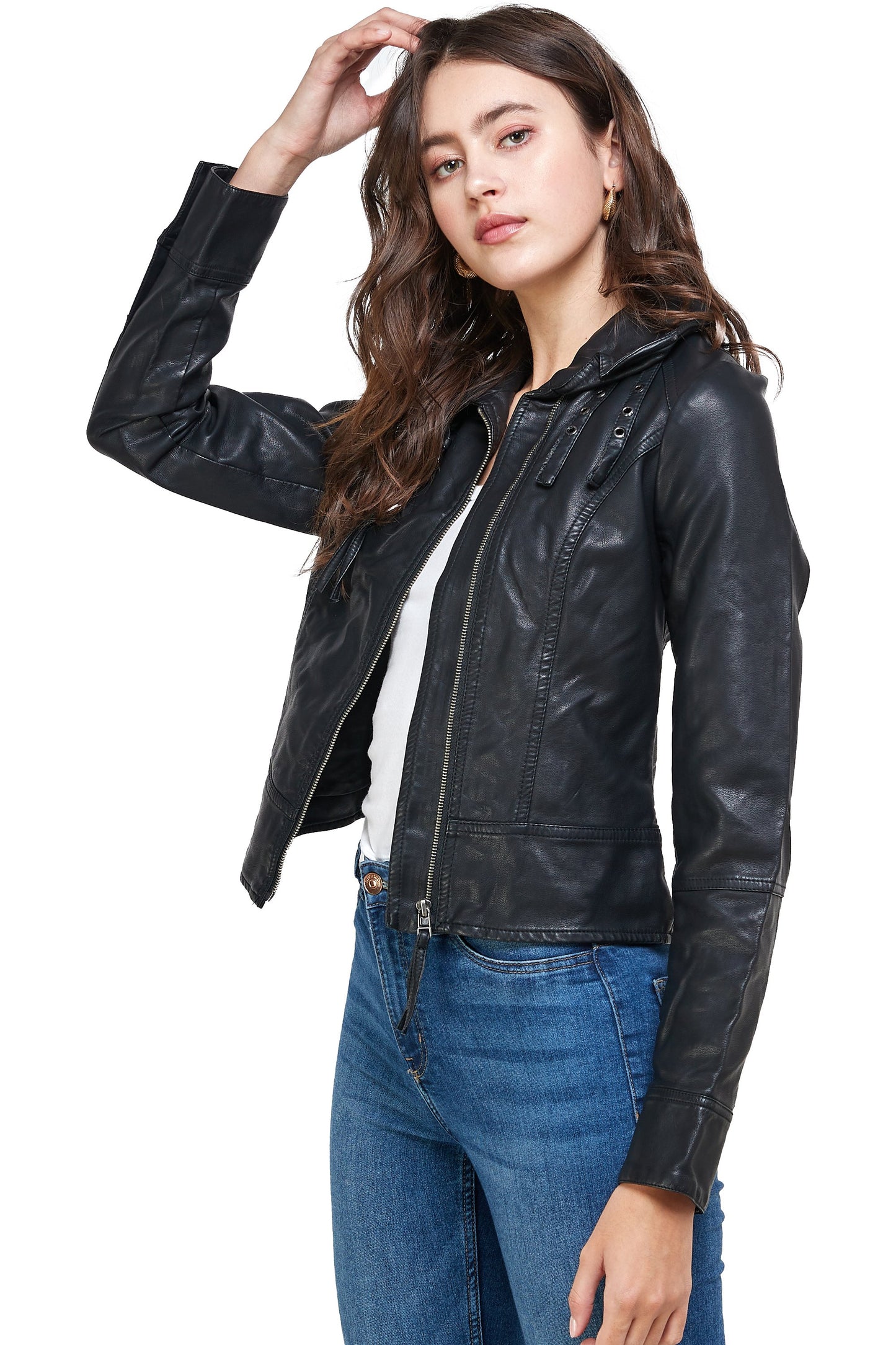 Double Buckle High Neck Leather Jacket