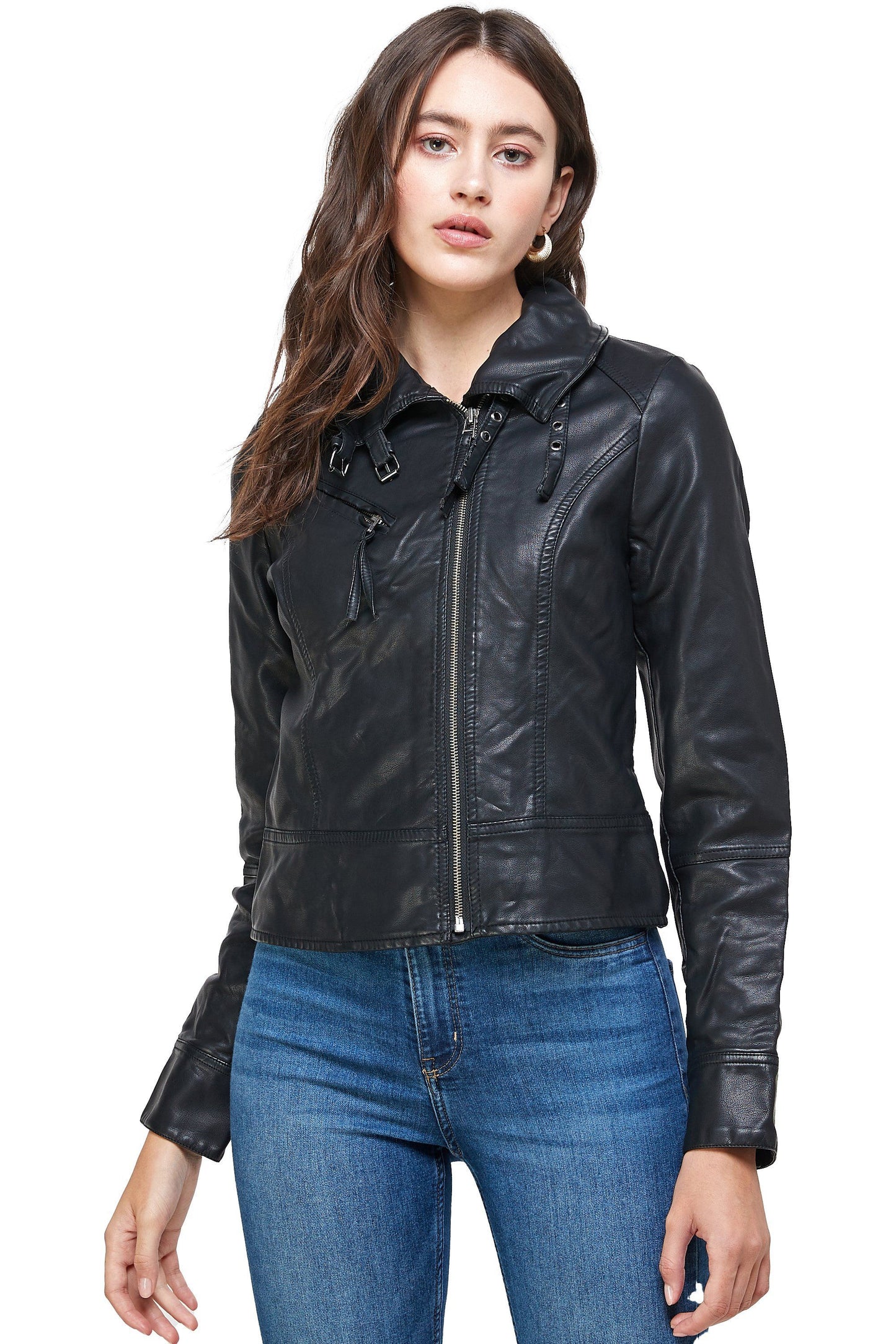 Double Buckle High Neck Leather Jacket