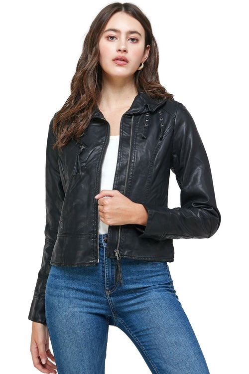 Double Buckle High Neck Leather Jacket