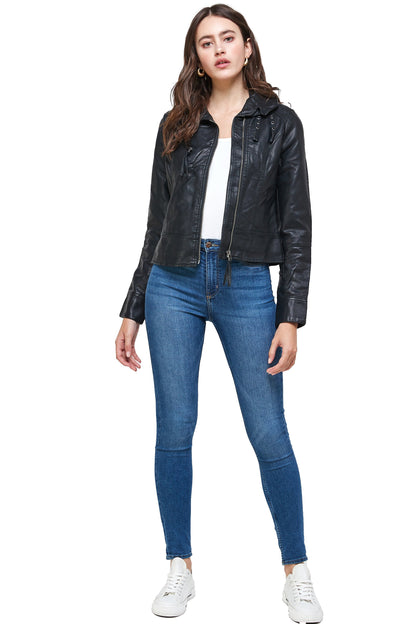 Double Buckle High Neck Leather Jacket